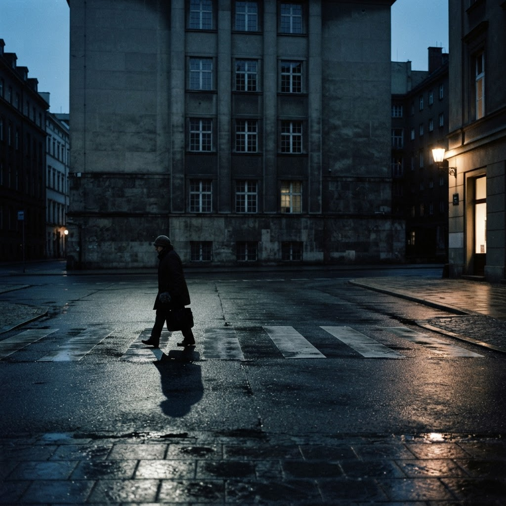 A lone figure crossing an empty city street at dusk with a long shadow on wet asphalt