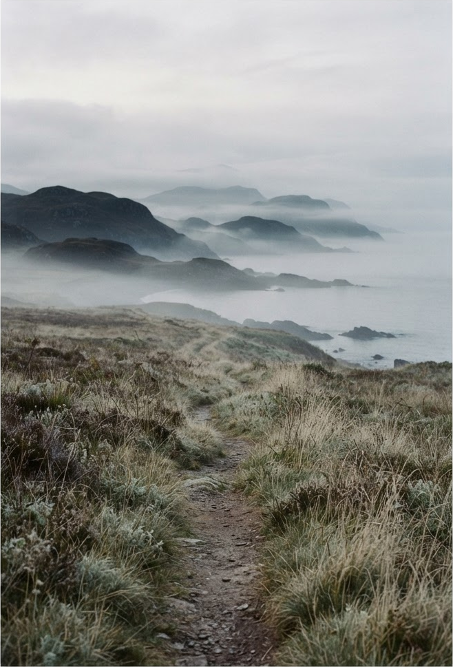 Minimal coastal landscape at first light with layered fog over distant hills and a narrow path
